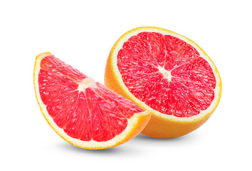 Ripe slice of pink grapefruit citrus fruit isolated on white background.