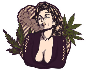 Beautiful lady smok marijuana. Cannabis leafs on the backgound of label. Vintage comics style © Pavel_A