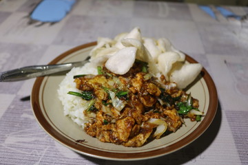 rice with delicious fried eggs on the table.