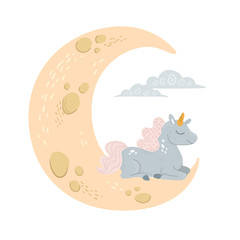 Vector cute unicorn sleeping at cloud in hat