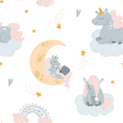 Vector schattige eenhoorn slapen bij wolk in hoed
