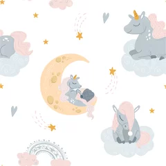 Foto op Plexiglas Slapende dieren Vector schattige eenhoorn slapen bij wolk in hoed