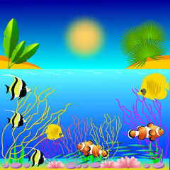 Naklejka na ściany i meble Vector illustration of tropical fish with beautiful underwater world of the sea, ocean. Jellyfish, corals, fish, starfish, killer whales, algae, stones, water, sun, sky. Poster, banner.
