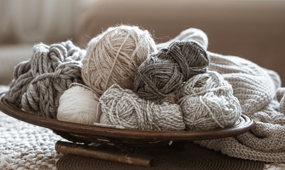 Home Hobbies, knitting threads on the table.