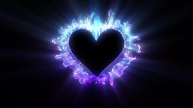 Blue purple color heart shaped Valentine's Day particle love burst. Vivid colored glowing smoke shockwave. Romantic lovely logo and copy space gas animation. Isolated on black alpha copyspace 4k 60fps
