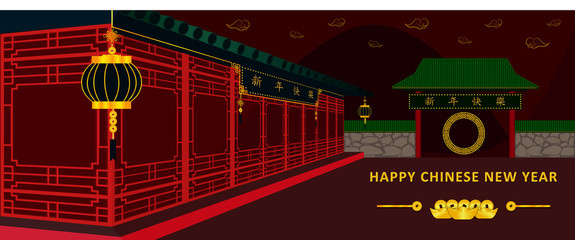 Happy Chinese New Year.2 sign of Xin Nian Kual Le characters for CNY festival. outdoor view around human village park landmark. holiday category.