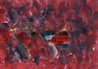 Dirty red horizontal abstract painting background with splashes, stains, smears.