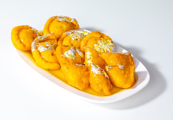 Indian Diwali Sweet Food Chandrakala with Sweet Samosa is Made with Maida for Outer Covering And Khoya, Nuts