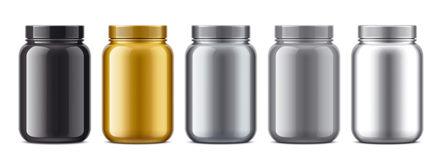 Set of plastic Jars. Metalized surface version. Gold, Silver, Grey, Black colors. 