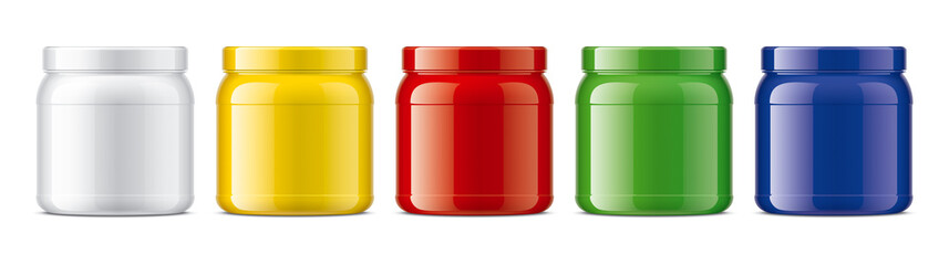 Set of plastic Jars. Colored version. Glossy surface version. 