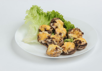 Stuffed Mushroom Cheese. Restaurant Dish on white background