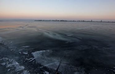 panoramic view of the icy river