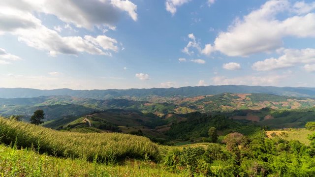 Time lapse. Tropical mountains with moving clouds and sunlight
