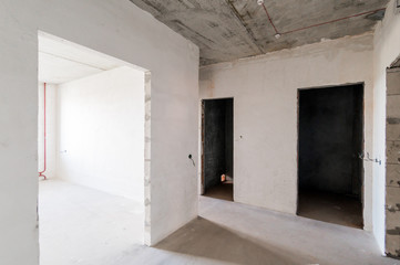Russia, Omsk- August 05, 2019: interior room apartment. rough repair for self-finishing. interior decoration, bare walls of the room, stage of construction