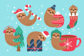 Christmas holiday cute sloth character set. © girafchik
