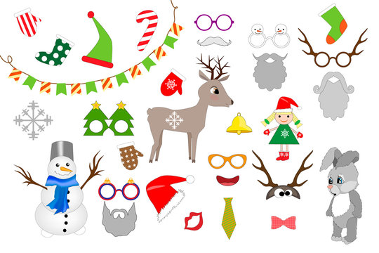Photo Booth Props and Scrapbooking Vector Set for New Year party. Christmas colorful element set for holiday design.