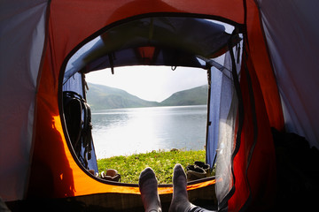 View of a tent mountain lake