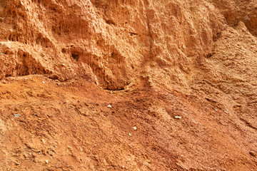 Red mountainside on hot day. Texture on wall of sandy canyon. Lack of water, drought from climate change
