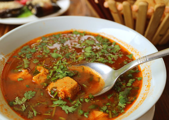 Closeup a Bowl of Mouthwatering Georgian Hot Beef Soup Called Khashi 