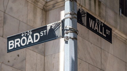 Corner of Wall Street and Broad Street, New York City. New York City street sign denoting this famous corner. Good composition makes for a nice graphic image.