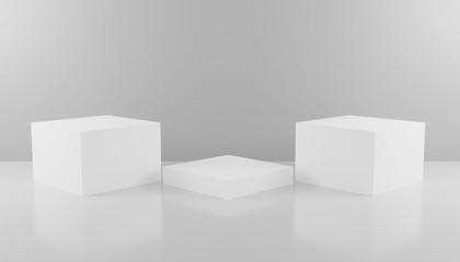 Three Steps Cube Podium. White Platform Or Backdrop With Empty Space For Display. Web Pages Template For Vizualising Products Display Showcase. 3D rendering