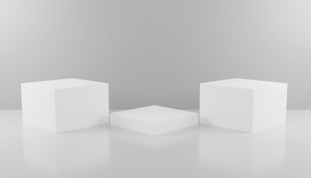 Three Steps Cube Podium. White Platform Or Backdrop With Empty Space For Display. Web Pages Template For Vizualising Products Display Showcase. 3D rendering © Design from Home