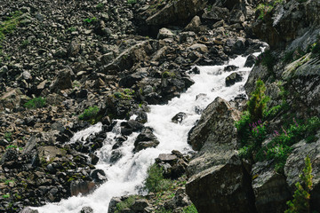 Swift mountain stream. Fast river in mountains among stones