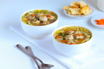 bowl of vegetable soup, Vegetable hot soup with pasta, meat meatballs and dill