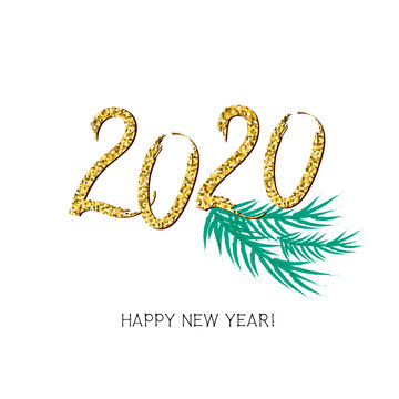Happy New Year 2020 background with shining golden calligraphic text isolated on white background. Great for greeting card, poster, web banner, vector Illustration.