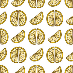 Seamless pattern with lemon sliced on white background. Endless texture for festive design, restaurant and cafe menu, decoration.