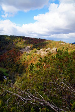 view of the celtic ruin Schmidtburg. Medieval Ruins of Schmidtburg, Hunsrueck, Germany german celtic landscape concept. Stone wall around place. Travel destination.