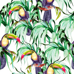 Beautiful watercolor seamless pattern with tropical leaves and bird tukan.   © knopazyzy