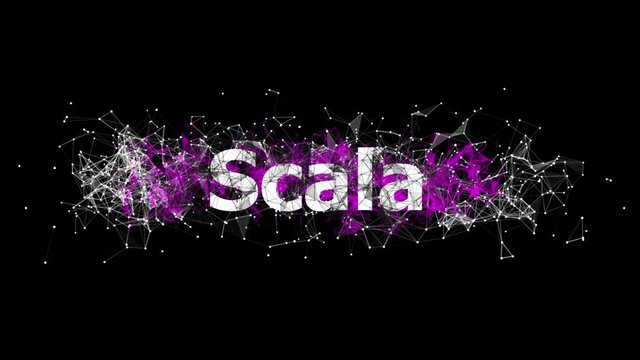 Scala language application looped animation with colorful plexus design. Software technology concept. Online and offline courses of coding. Website development, front end engineering design.