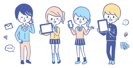 Illustration set of students with smartphone and tablet