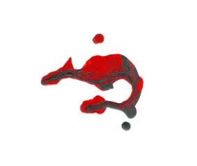 Abstract painting in red tones with glitter streaks . Colorful paint texture. Brush stroke isolated on white . Vivid ink stain pattern. Paint splash