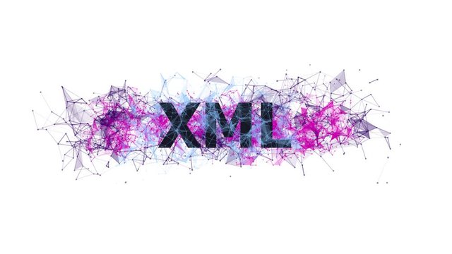 XML programming language concept with colorful plexus design. Software technology looped animation. Online and offline courses of coding. Website development, front end engineering design.