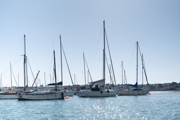 Fototapeta na wymiar sailing boats moored to buoys in the port of Erquy in Brittany