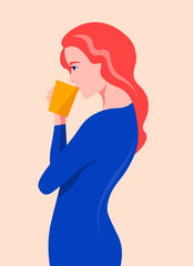 Red Haired girl drinks a hot drink from a cup. Profile of a standing woman in a tight-fitting dress. Vector flat illustration