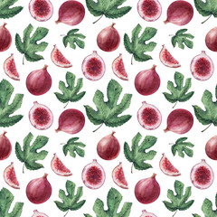 Watercolor seamless pattern with Fig leaves and fruits