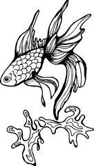 Illustration in the form of a cockerel and sea wave fish.