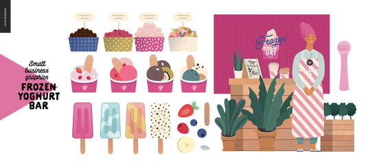 Frozen yoghurt bar - small business graphics - shop owner -modern flat vector concept illustrations - smiling woman wearing striped apron at the counter, range of frozen yoghurt and ice cream