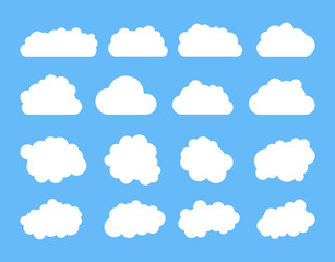 Cloud in flat style set on blue background. Vector illustration