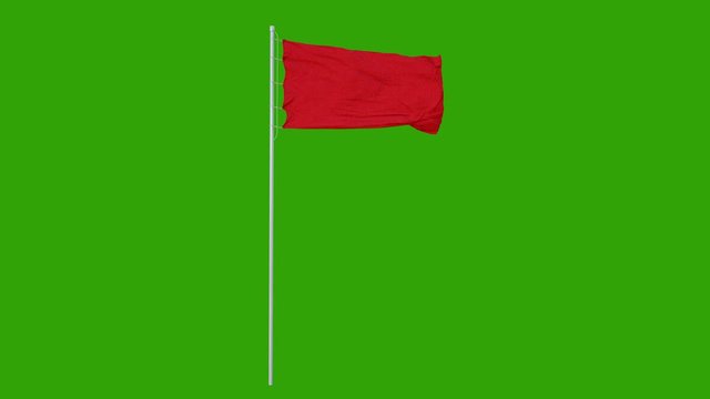 Blank plain red flag with flagpole waving in the wind, 3D animation with green screen, 4K