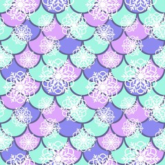 Christmas snowflakes with mermaid scales seamless vector pattern