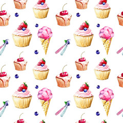 Seamless watercolor pattern of sweet desserts.