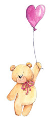 Love Teddy bear with air balloon. Hand drawn watercolor illustration in sketching style for St. Valentine's day, birthday cards, wrapping paper, stickers, backgrounds and children design. 
