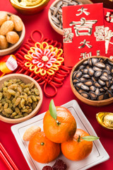 Top view accessories Chinese new year festival decorations.Chinese translation: Great luck，blessing