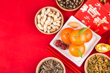 Top view accessories Chinese new year festival decorations.Chinese translation: Great luck，blessing
