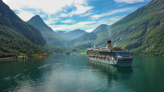 Cruise Liners On Geiranger fjord, Norway