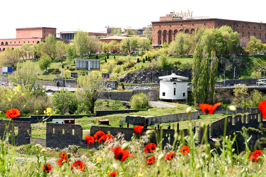 Yerevan, Armenia-April, 28 2019: View of Yerevan Brandy Factory Ararat through Hrazdan Gorge, Armenias leading alcoholic beverage company
